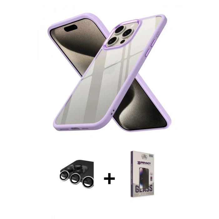 MARSİLYAN™- iPhone 15 Pro Max Kılıf Nova Işık Serisi - Siyah Bilvis Hayalet Cam Ekran Koruyucu + Raze Metal Kamera Lens - GS
