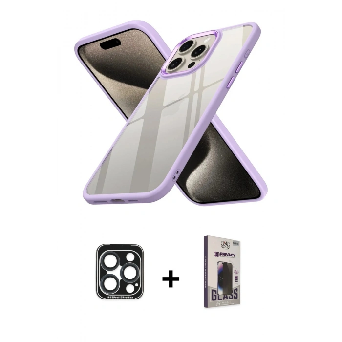 MARSİLYAN™- iPhone 15 Pro Max Kılıf Nova Işık Serisi - Siyah Bilvis Hayalet Cam Ekran Koruyucu + PVD Metal Kamera Lens - LT
