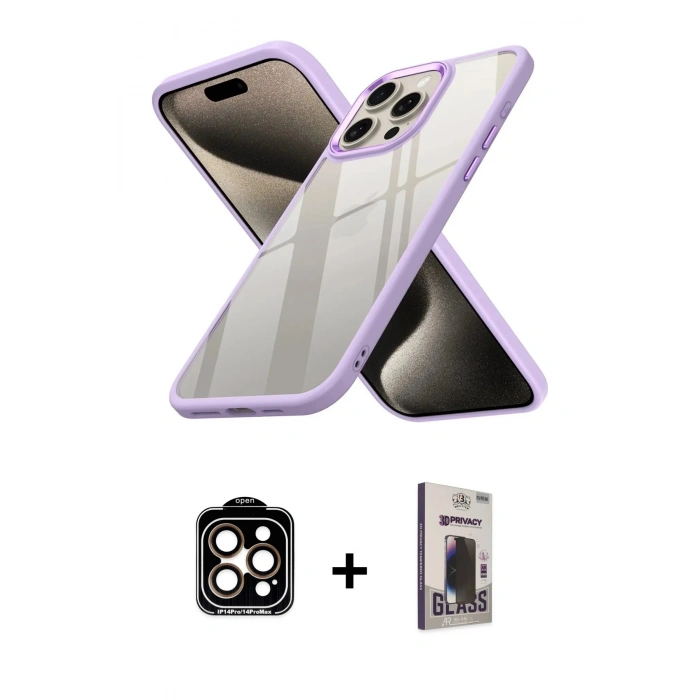MARSİLYAN™- iPhone 15 Pro Max Kılıf Nova Işık Serisi - Siyah Bilvis Hayalet Cam Ekran Koruyucu + PVD Metal Kamera Lens - TU