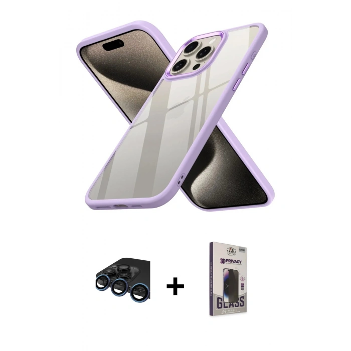 MARSİLYAN™- iPhone 15 Pro Max Kılıf Nova Işık Serisi - Siyah Bilvis Hayalet Cam Ekran Koruyucu + Raze Metal Kamera Lens - LT