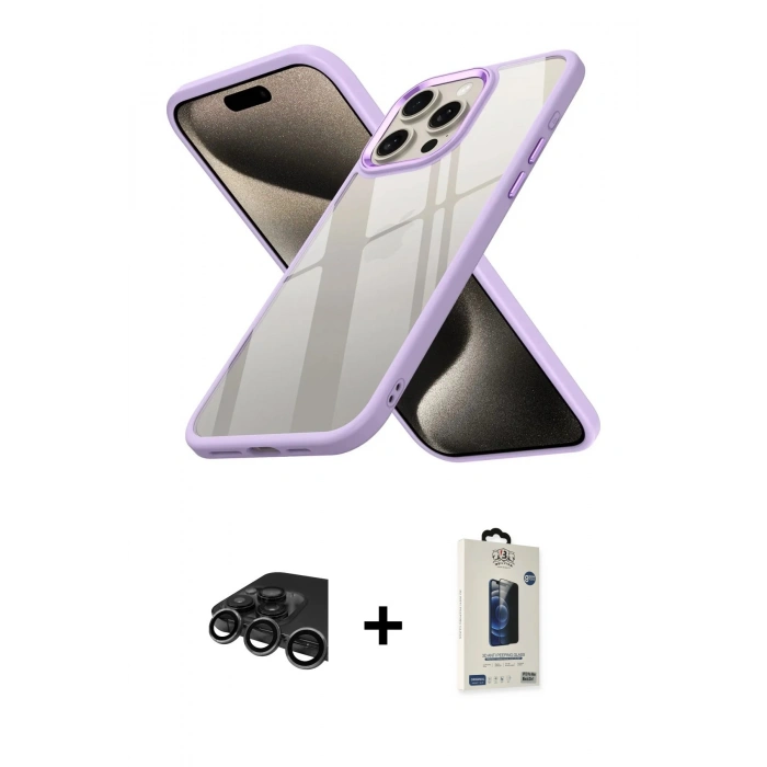 MARSİLYAN™- iPhone 15 Pro Max Kılıf Nova Işık Serisi - Siyah Bilvis Hayalet Cam Ekran Koruyucu + Raze Metal Kamera Lens - TMGI