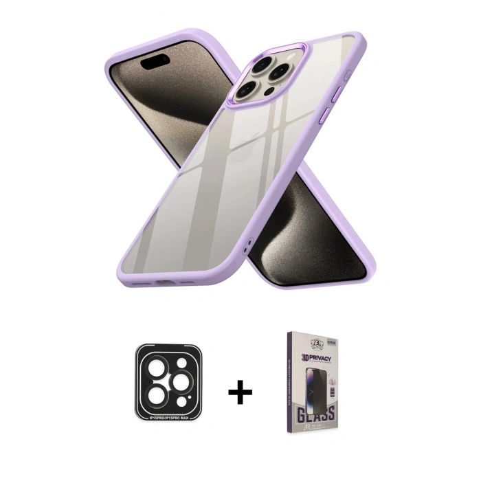 MARSİLYAN™- iPhone 15 Pro Max Kılıf Nova Işık Serisi - Siyah Bilvis Hayalet Cam Ekran Koruyucu + PVD Metal Kamera Lens - SH
