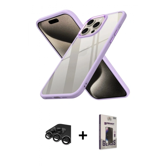 MARSİLYAN™- iPhone 15 Pro Max Kılıf Nova Işık Serisi - Siyah Bilvis Hayalet Cam Ekran Koruyucu + Raze Metal Kamera Lens - TMGI