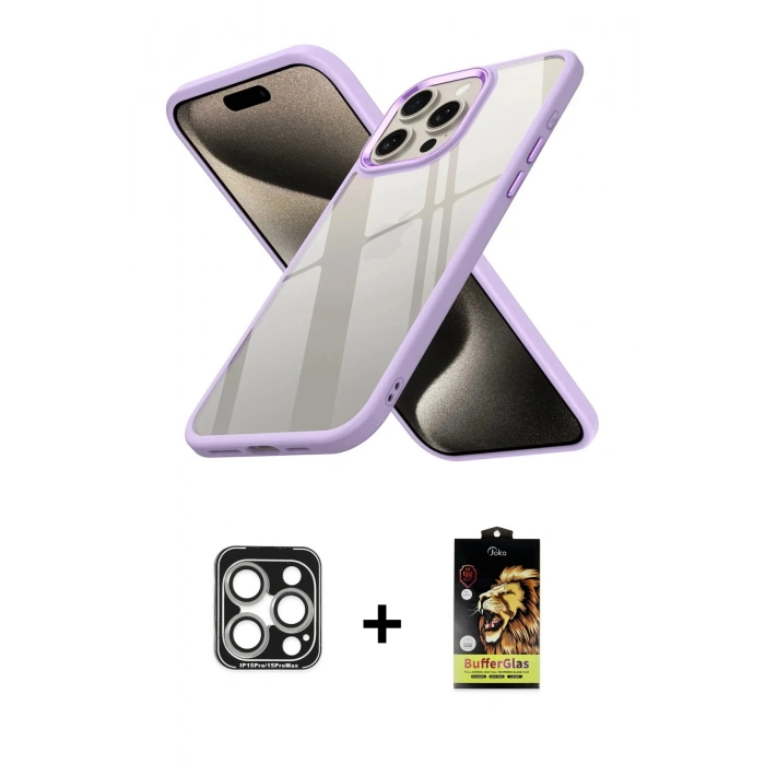 MARSİLYAN™- iPhone 15 Pro Max Kılıf Nova Işık Serisi - Siyah Buffer Cam Ekran Koruyucu + PVD Metal Kamera Lens - GS