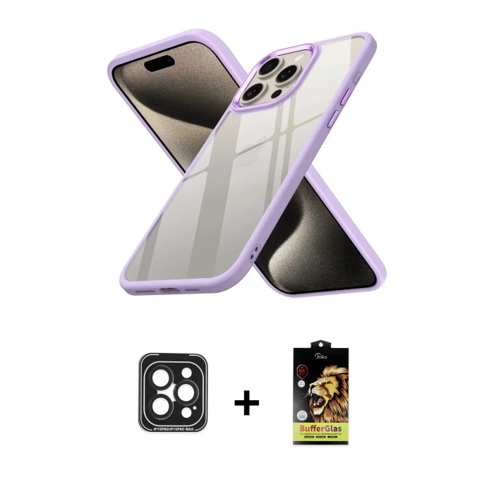 MARSİLYAN™- iPhone 15 Pro Max Kılıf Nova Işık Serisi - Siyah Buffer Cam Ekran Koruyucu + PVD Metal Kamera Lens - SH
