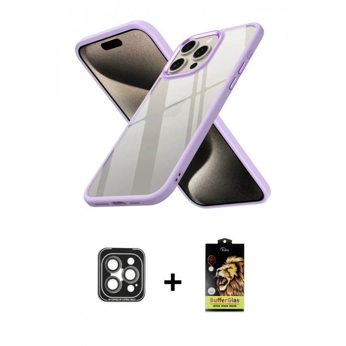 MARSİLYAN™- iPhone 15 Pro Max Kılıf Nova Işık Serisi - Siyah Buffer Cam Ekran Koruyucu + PVD Metal Kamera Lens - GI