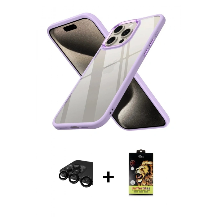 MARSİLYAN™- iPhone 15 Pro Max Kılıf Nova Işık Serisi - Siyah Buffer Cam Ekran Koruyucu + Raze Metal Kamera Lens - SH