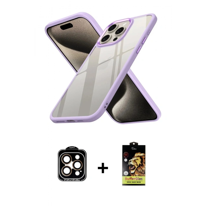 MARSİLYAN™- iPhone 15 Pro Max Kılıf Nova Işık Serisi - Siyah Buffer Cam Ekran Koruyucu + Turuncu PVD Metal Kamera Lens