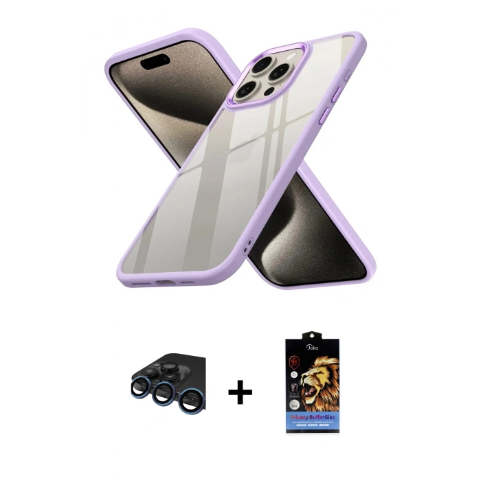 MARSİLYAN™- iPhone 15 Pro Max Kılıf Nova Işık Serisi - Siyah Buffer Hayalet Cam Ekran Koruyucu + Raze Metal Kamera Lens - LT