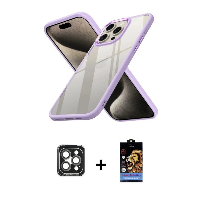 MARSİLYAN™- iPhone 15 Pro Max Kılıf Nova Işık Serisi - Siyah Buffer Hayalet Cam Ekran Koruyucu + PVD Metal Kamera Lens - GI
