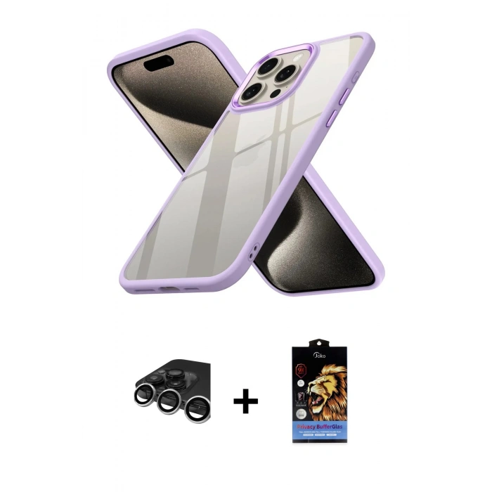 MARSİLYAN™- iPhone 15 Pro Max Kılıf Nova Işık Serisi - Siyah Buffer Hayalet Cam Ekran Koruyucu + Raze Metal Kamera Lens - GS
