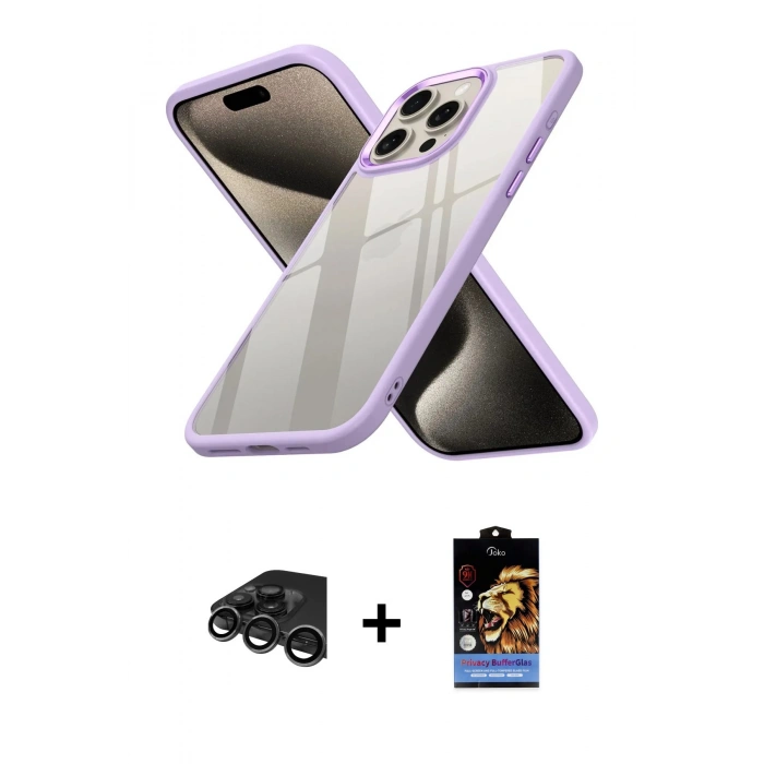 MARSİLYAN™- iPhone 15 Pro Max Kılıf Nova Işık Serisi - Siyah Buffer Hayalet Cam Ekran Koruyucu + Raze Metal Kamera Lens - TMGI