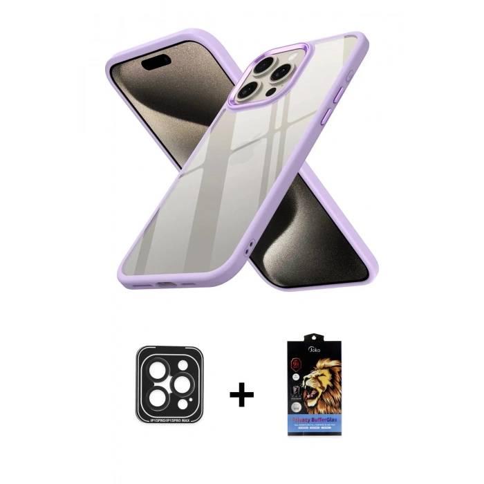 MARSİLYAN™- iPhone 15 Pro Max Kılıf Nova Işık Serisi - Siyah Buffer Hayalet Cam Ekran Koruyucu + Siyah PVD Metal Kamera Lens