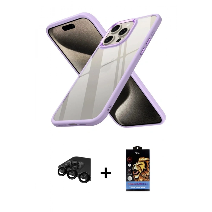 MARSİLYAN™- iPhone 15 Pro Max Kılıf Nova Işık Serisi - Siyah Buffer Hayalet Cam Ekran Koruyucu + Raze Metal Kamera Lens - SH