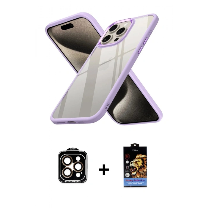 MARSİLYAN™- iPhone 15 Pro Max Kılıf Nova Işık Serisi - Siyah Buffer Hayalet Cam Ekran Koruyucu + PVD Metal Kamera Lens - TU