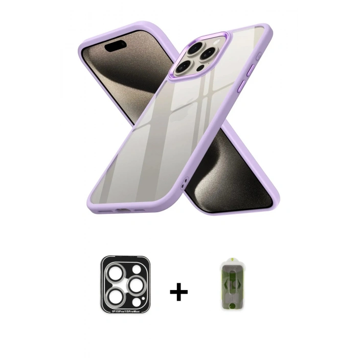 MARSİLYAN™- iPhone 15 Pro Max Kılıf Nova Işık Serisi - Siyah Joko Magic 5D Hayalet Cam + Gümüş PVD Metal Kamera Lens