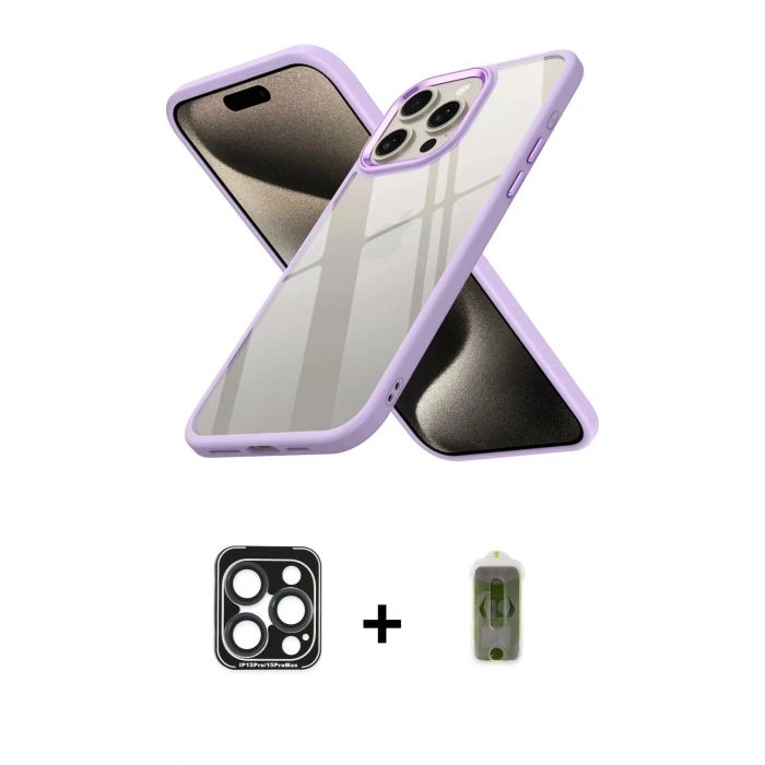 MARSİLYAN™- iPhone 15 Pro Max Kılıf Nova Işık Serisi - Siyah Joko Magic 5D Hayalet Cam + Lacivert PVD Metal Kamera Lens