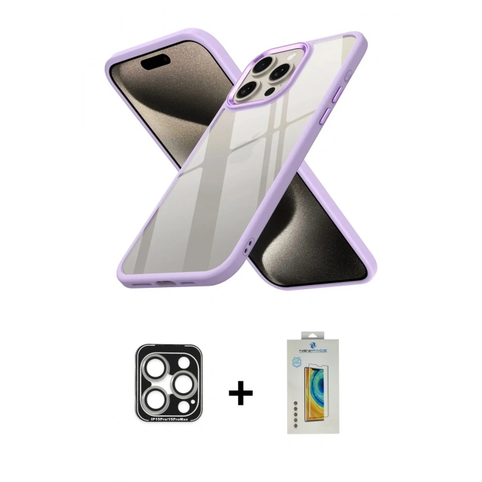MARSİLYAN™- iPhone 15 Pro Max Kılıf Nova Işık Serisi - Siyah Polymer Nano Ekran Koruyucu + PVD Metal Kamera Lens - GS