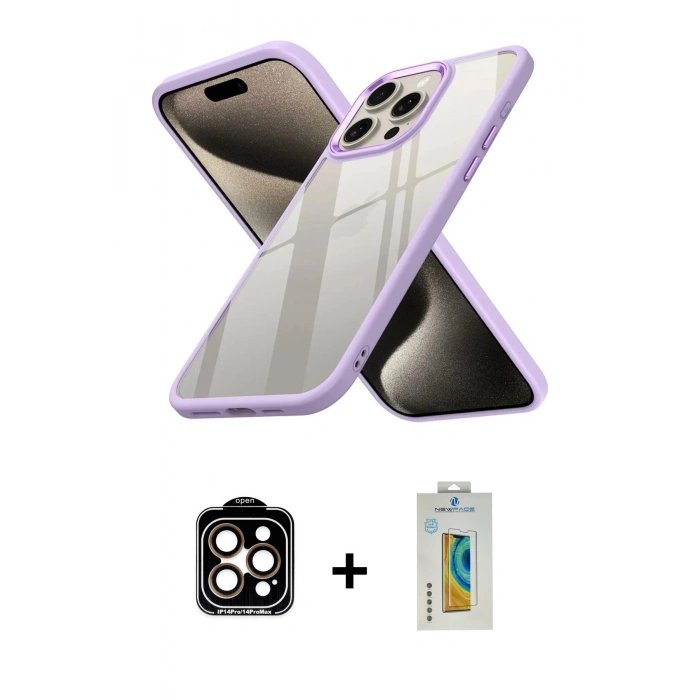 MARSİLYAN™- iPhone 15 Pro Max Kılıf Nova Işık Serisi - Siyah Polymer Nano Ekran Koruyucu + PVD Metal Kamera Lens - TU