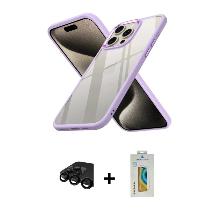 MARSİLYAN™- iPhone 15 Pro Max Kılıf Nova Işık Serisi - Siyah Polymer Nano Ekran Koruyucu + Raze Metal Kamera Lens - SH