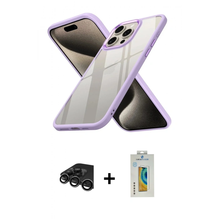 MARSİLYAN™- iPhone 15 Pro Max Kılıf Nova Işık Serisi - Siyah Polymer Nano Ekran Koruyucu + Raze Metal Kamera Lens - TMGI