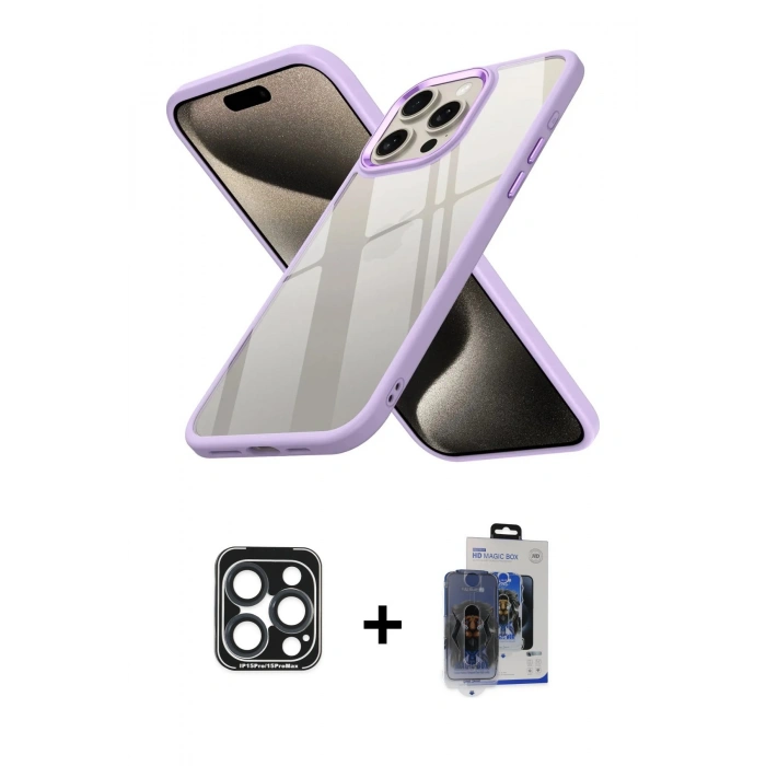MARSİLYAN™- iPhone 15 Pro Max Kılıf Nova Işık Serisi - Siyah Vanessa Magic Cam + Lacivert PVD Metal Kamera Lens