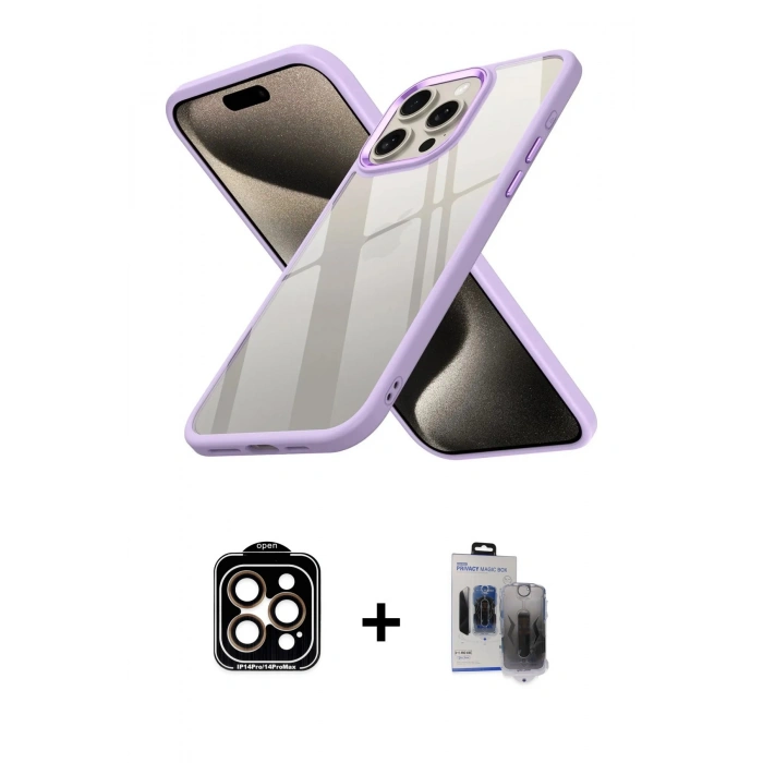MARSİLYAN™- iPhone 15 Pro Max Kılıf Nova Işık Serisi - Siyah Vanessa Magic Hayalet Cam + PVD Metal Kamera Lens - TU