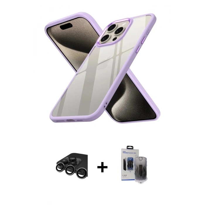 MARSİLYAN™- iPhone 15 Pro Max Kılıf Nova Işık Serisi - Siyah Vanessa Magic Hayalet Cam + Raze Metal Kamera Lens - TMGI