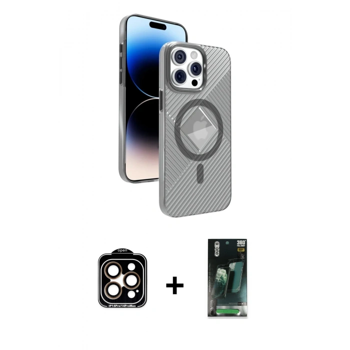 MARSİLYAN™- iPhone 15 Pro Max Kılıf Nova Modern Prime - Şeffaf 360 Full Body Arka Koruyucu + PVD Metal Kamera Lens - TU
