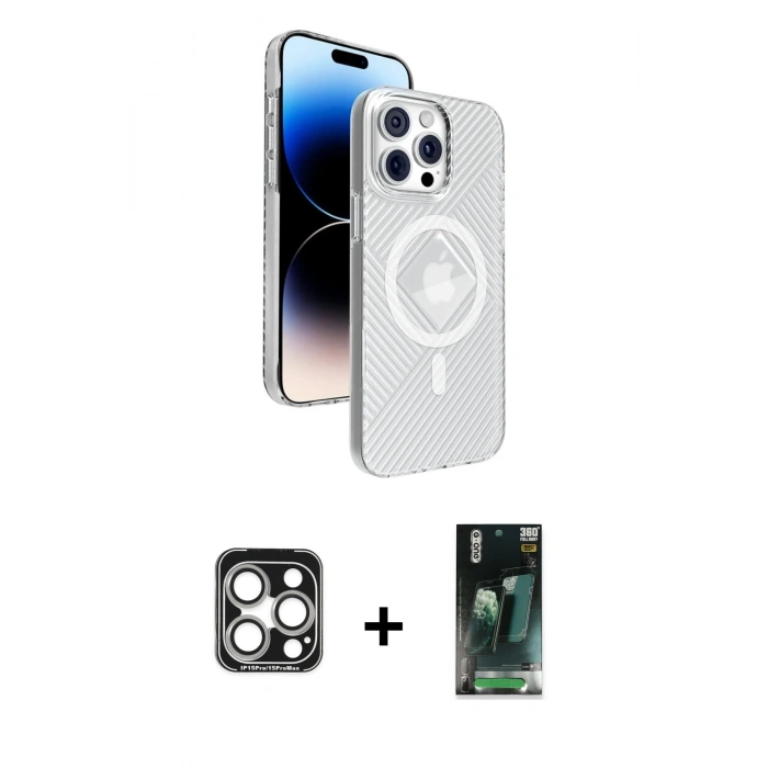 MARSİLYAN™- iPhone 15 Pro Max Kılıf Nova Modern Prime - Şeffaf 360 Full Body Arka Koruyucu + PVD Metal Kamera Lens - GS