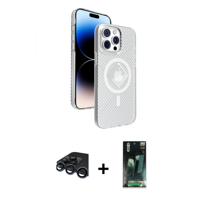 MARSİLYAN™- iPhone 15 Pro Max Kılıf Nova Modern Prime - Şeffaf 360 Full Body Arka Koruyucu + Raze Metal Kamera Lens - LT