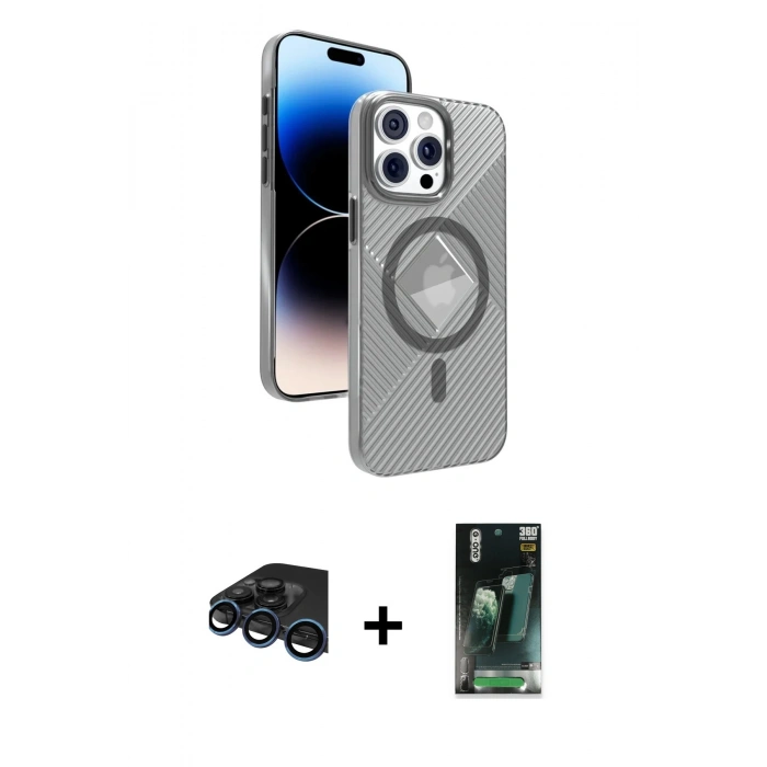 MARSİLYAN™- iPhone 15 Pro Max Kılıf Nova Modern Prime - Şeffaf 360 Full Body Arka Koruyucu + Raze Metal Kamera Lens - LT