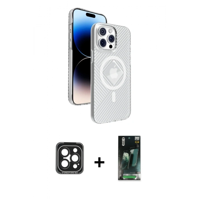 MARSİLYAN™- iPhone 15 Pro Max Kılıf Nova Modern Prime - Siyah 360 Mat Full Body Arka Koruyucu + PVD Metal Kamera Lens - SH