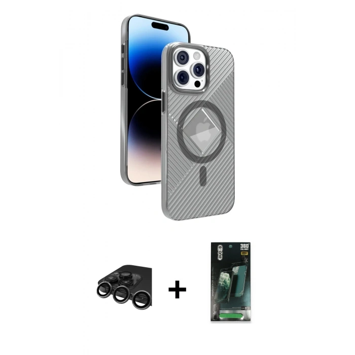 MARSİLYAN™- iPhone 15 Pro Max Kılıf Nova Modern Prime - Siyah 360 Mat Full Body Arka Koruyucu + Raze Metal Kamera Lens - TMGI