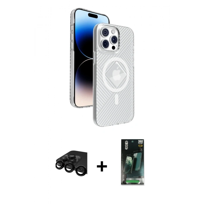 MARSİLYAN™- iPhone 15 Pro Max Kılıf Nova Modern Prime - Siyah 360 Mat Full Body Arka Koruyucu + Raze Metal Kamera Lens - SH
