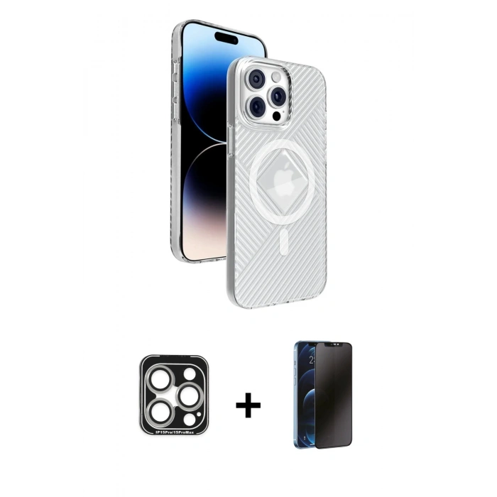 MARSİLYAN™- iPhone 15 Pro Max Kılıf Nova Modern Prime - Siyah 3D Antistatik Hayalet Cam Ekran Koruyucu + PVD Metal Kamera Lens - GS