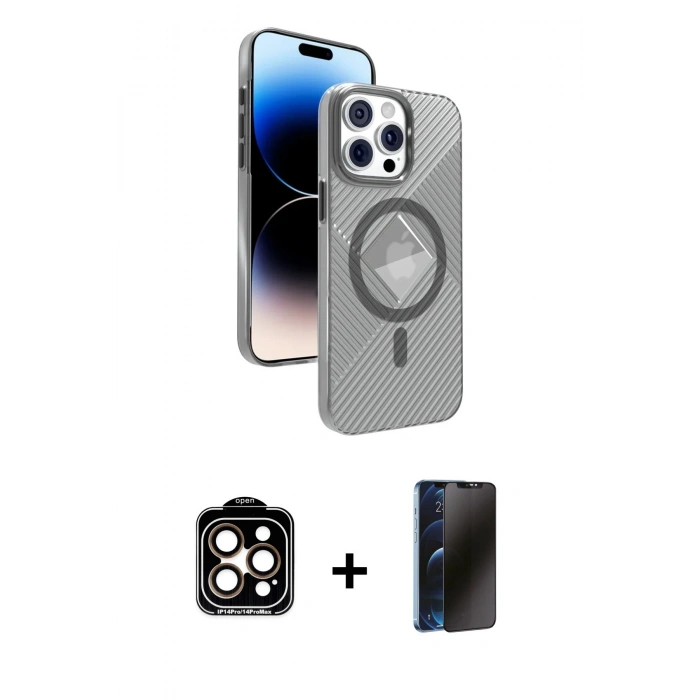MARSİLYAN™- iPhone 15 Pro Max Kılıf Nova Modern Prime - Siyah 3D Antistatik Hayalet Cam Ekran Koruyucu + PVD Metal Kamera Lens - TU