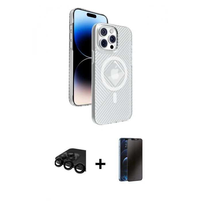 MARSİLYAN™- iPhone 15 Pro Max Kılıf Nova Modern Prime - Siyah 3D Antistatik Hayalet Cam Ekran Koruyucu + Raze Metal Kamera Lens - SH