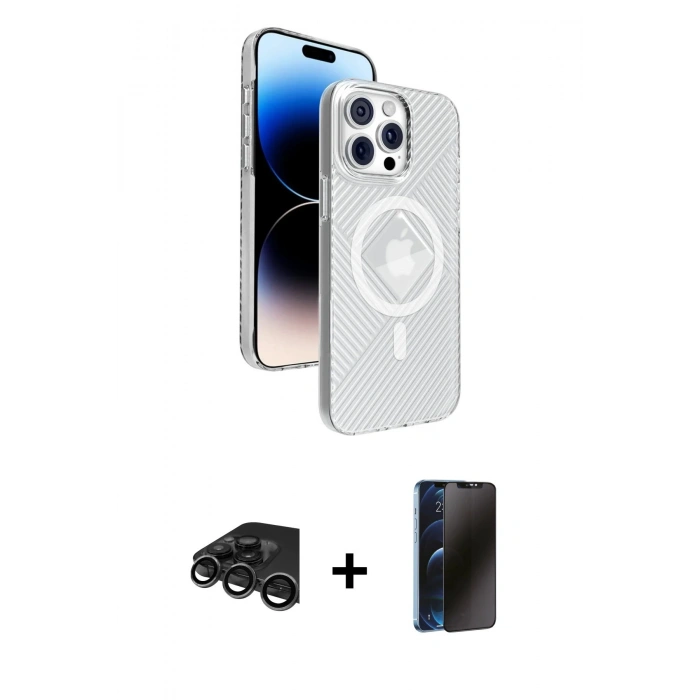 MARSİLYAN™- iPhone 15 Pro Max Kılıf Nova Modern Prime - Siyah 3D Antistatik Hayalet Cam Ekran Koruyucu + Raze Metal Kamera Lens - TMGI