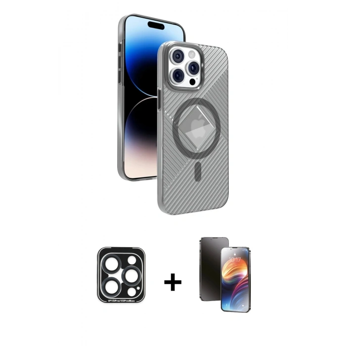 MARSİLYAN™- iPhone 15 Pro Max Kılıf Nova Modern Prime - Siyah 3D Antistatik Mat Seramik Nano Ekran Koruyucu + Lacivert PVD Metal Kamera Lens