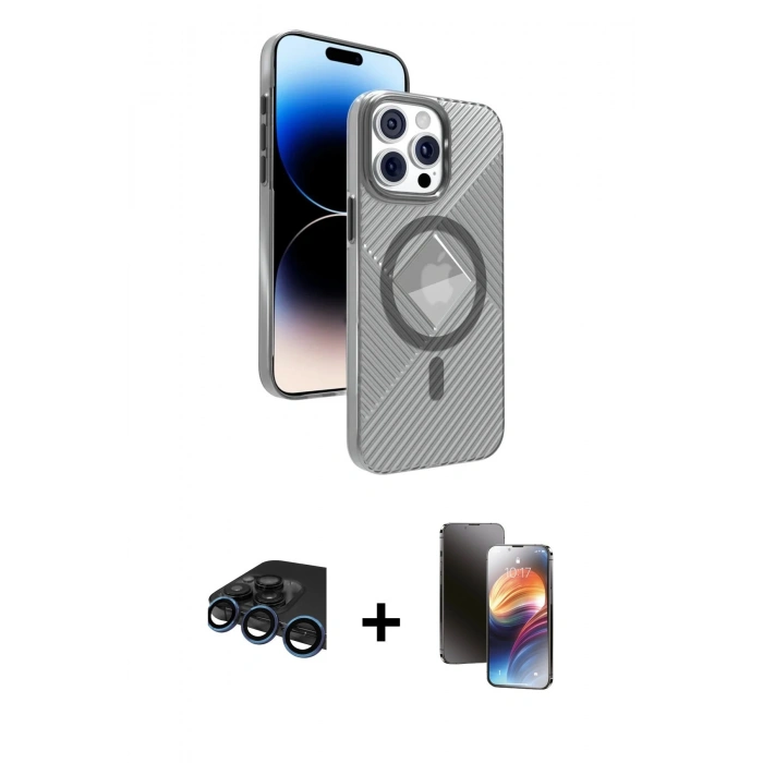 MARSİLYAN™- iPhone 15 Pro Max Kılıf Nova Modern Prime - Siyah 3D Antistatik Mat Seramik Nano Ekran Koruyucu + Raze Metal Kamera Lens - LT