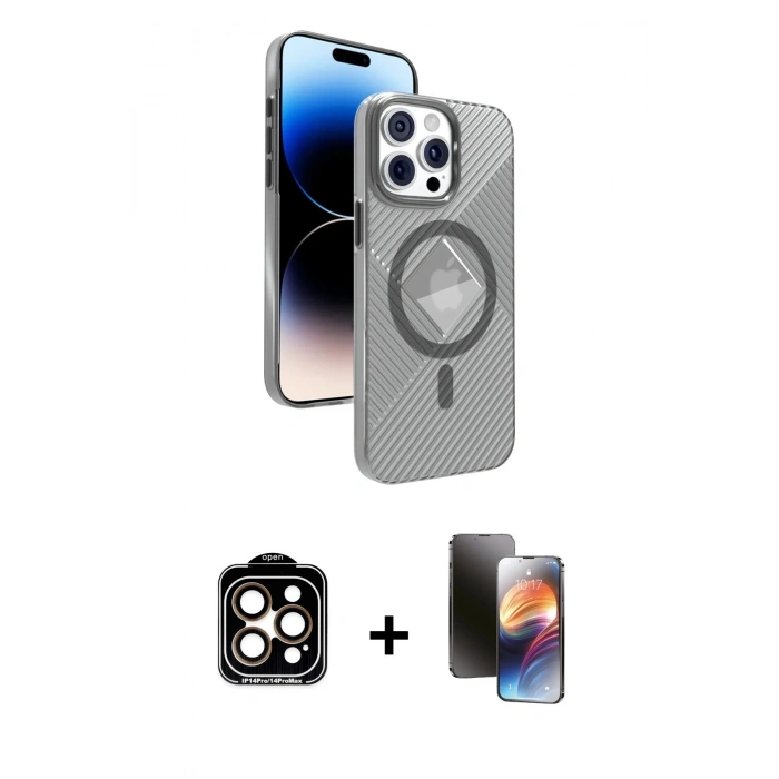 MARSİLYAN™- iPhone 15 Pro Max Kılıf Nova Modern Prime - Siyah 3D Antistatik Mat Seramik Nano Ekran Koruyucu + PVD Metal Kamera Lens - TU