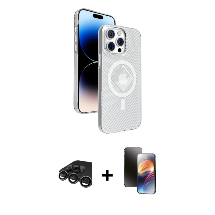 MARSİLYAN™- iPhone 15 Pro Max Kılıf Nova Modern Prime - Siyah 3D Antistatik Mat Seramik Nano Ekran Koruyucu + Raze Metal Kamera Lens - TMGI