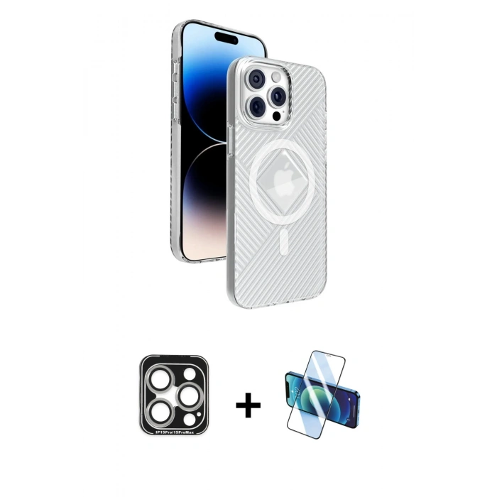 MARSİLYAN™- iPhone 15 Pro Max Kılıf Nova Modern Prime - Siyah 3D Antistatik Seramik Nano Ekran Koruyucu + PVD Metal Kamera Lens - GS