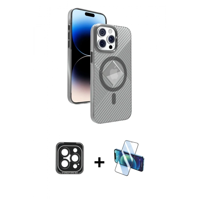 MARSİLYAN™- iPhone 15 Pro Max Kılıf Nova Modern Prime - Siyah 3D Antistatik Seramik Nano Ekran Koruyucu + Siyah PVD Metal Kamera Lens