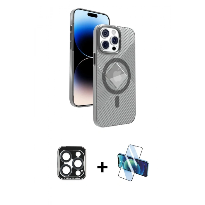 MARSİLYAN™- iPhone 15 Pro Max Kılıf Nova Modern Prime - Siyah 3D Antistatik Seramik Nano Ekran Koruyucu + PVD Metal Kamera Lens - LT