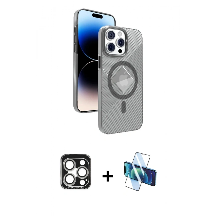 MARSİLYAN™- iPhone 15 Pro Max Kılıf Nova Modern Prime - Siyah 3D Antistatik Seramik Nano Ekran Koruyucu + PVD Metal Kamera Lens - GS