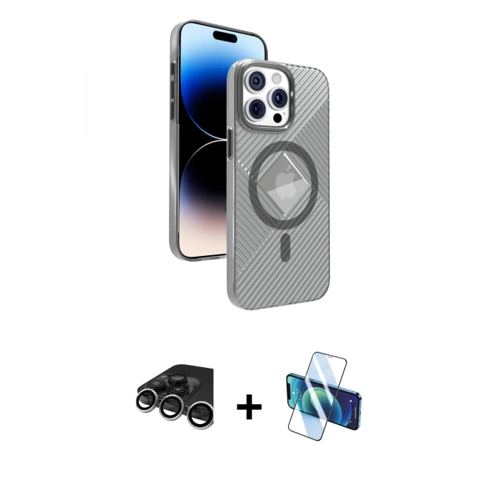 MARSİLYAN™- iPhone 15 Pro Max Kılıf Nova Modern Prime - Siyah 3D Antistatik Seramik Nano Ekran Koruyucu + Gümüş Raze Metal Kamera Lens