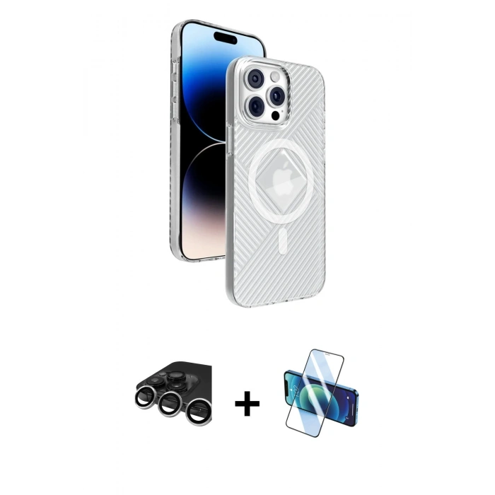 MARSİLYAN™- iPhone 15 Pro Max Kılıf Nova Modern Prime - Siyah 3D Antistatik Seramik Nano Ekran Koruyucu + Gümüş Raze Metal Kamera Lens
