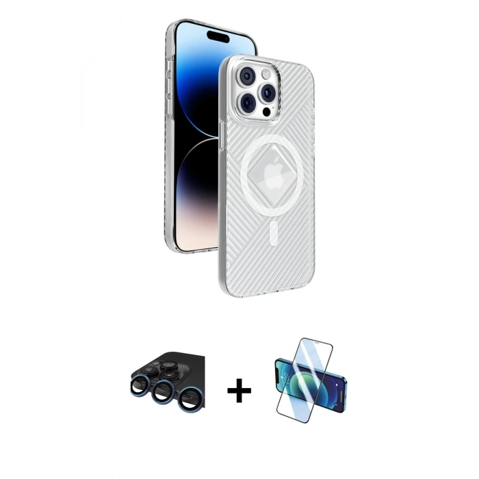 MARSİLYAN™- iPhone 15 Pro Max Kılıf Nova Modern Prime - Siyah 3D Antistatik Seramik Nano Ekran Koruyucu + Raze Metal Kamera Lens - LT